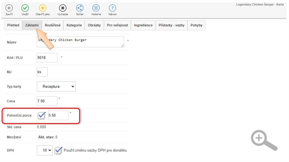 Tlačidlo pro nastaven&iacute; polovičn&iacute; porce je označen&yacute; symbolem &frac12;.