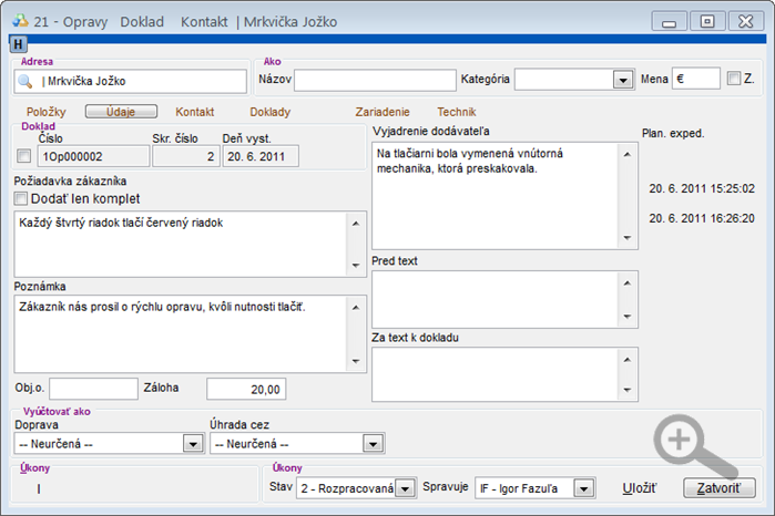 Modul Servis - úprava servisného dokladu - záložka Údaje