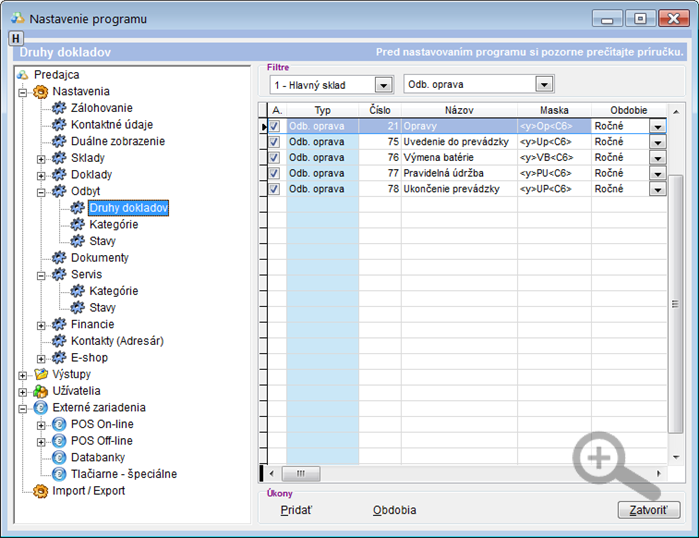 Nastavenia - Odbyt - druhy servisných dokladov