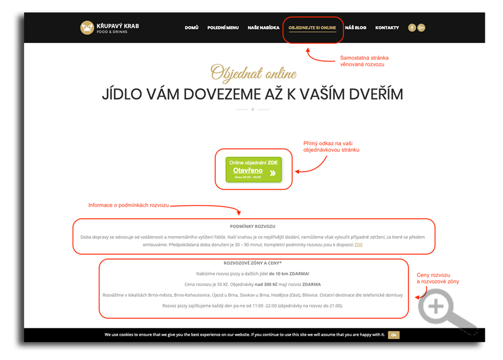 Přizpůsobení vlastního webu Samostatná stránka věnovaná online rozvozu