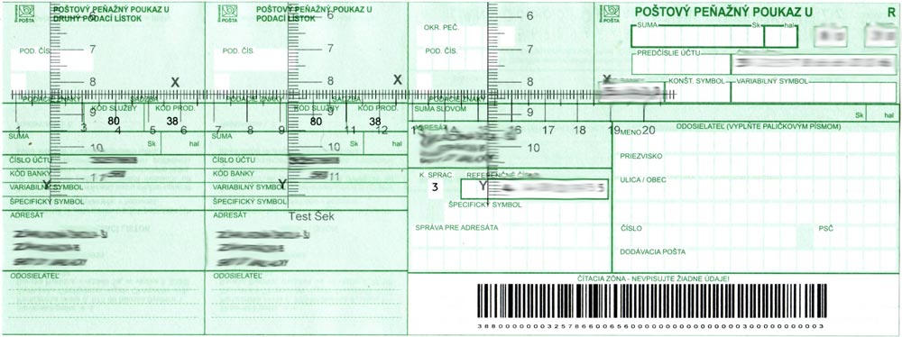 Vytlačený šek s pravítkom sek-pravitko