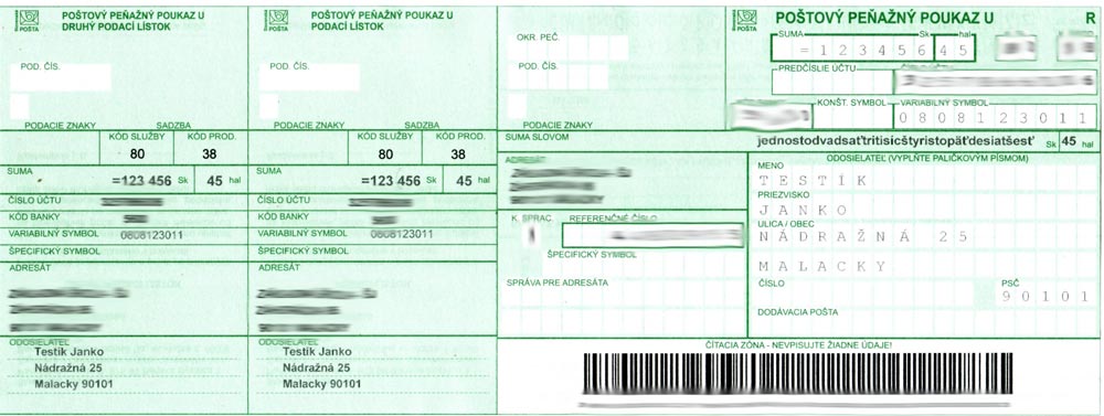 Vytlačený šek so správnou polohou údajov sek-spravny