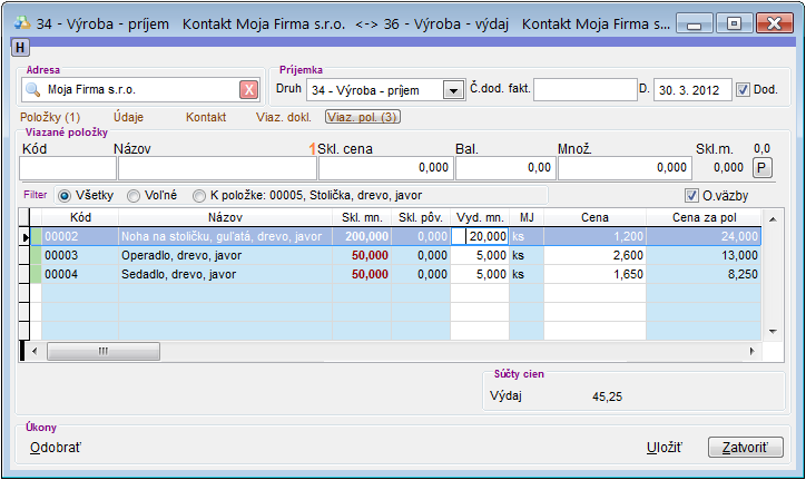 Príjem receptúry - viazané položky Príjem receptúry - viazané položky