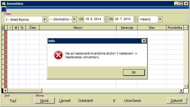 Hlásenie aplikácie pri nenastavenom druhu pre inventúru na novom sklade Hlásenie aplikácie pri nenastavenom druhu pre inventúru na novom sklade