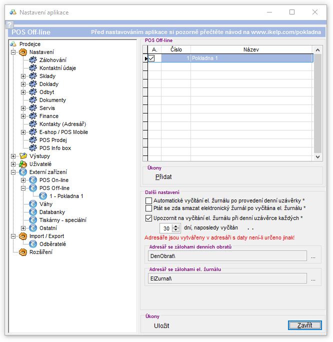 Nastaveni - off-line pokladna - seznam