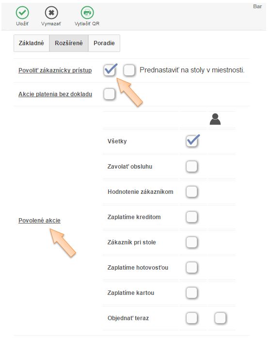 Nastavenia funkcie Hodnotenia obsluhy v detaile miestnosti alebo stola