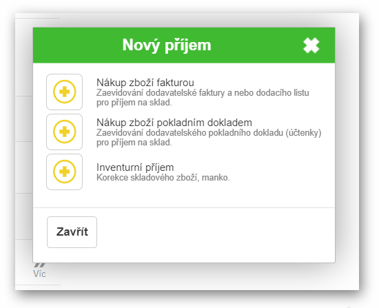 Nový příjem – výběr typu dokladů pro příjem zboží na sklad