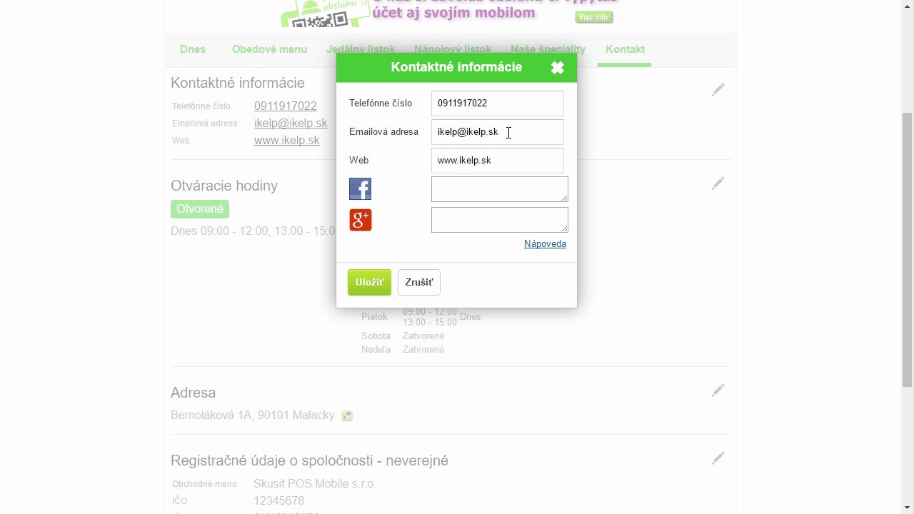 Dial&oacute;g Kontaktn&eacute; inform&aacute;cie s poľami Telef&oacute;nne č&iacute;slo, Emailov&aacute; adresa, Web, Facebook a Google+