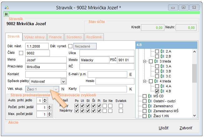 Zobrazenie nastavenia vekovej skupiny na stravníkovi. Zobrazenie nastavenia vekovej skupiny na stravníkovi.