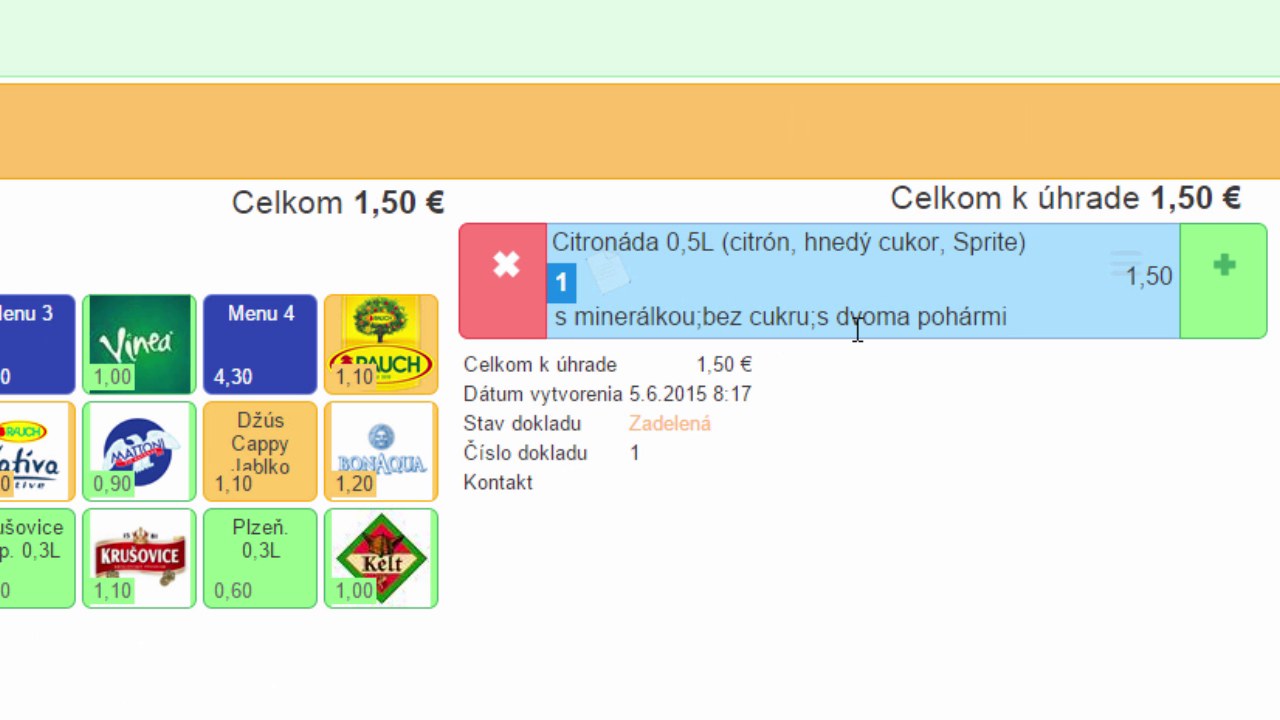 Doklad objedn&aacute;vky v iKelp POS Mobile s položkou Citron&aacute;da 0,5L a zvolen&yacute;mi vlastnosťami s miner&aacute;lkou;bez cukru;s dvoma poh&aacute;rmi