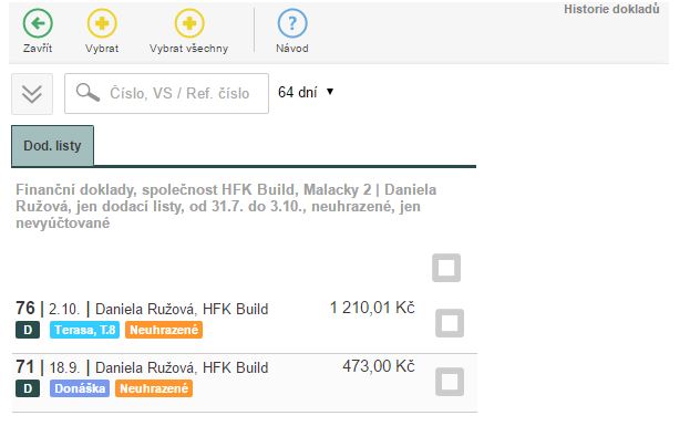 Možnost přidání dodacích listů na fakturu