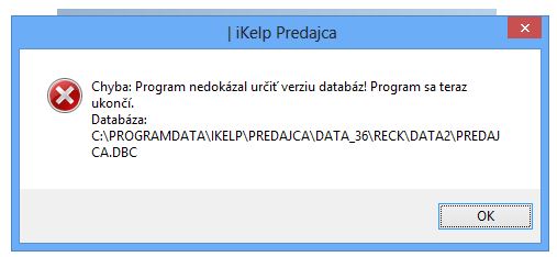 Chybové hlásenie pri kontrole verzie databázy. Chybové hlásenie pri kontrole verzie databázy.