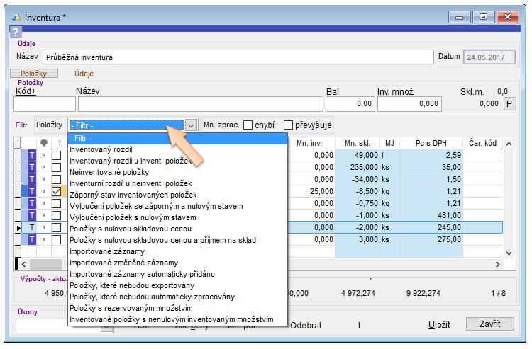 Filtrov&aacute;n&iacute; položek v inventuře