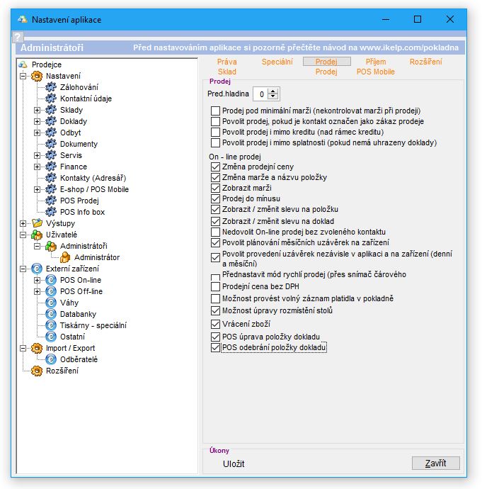 Nastaven&iacute; pr&aacute;v pro Prodaj uživatele/ skupiny.