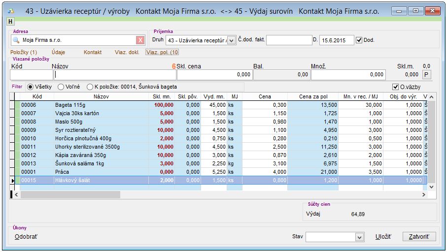 V&yacute;roba - viazan&eacute; položky recept&uacute;ry po &uacute;prave