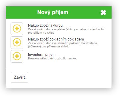 Nový příjem - výběr typu dokladu pro příjem